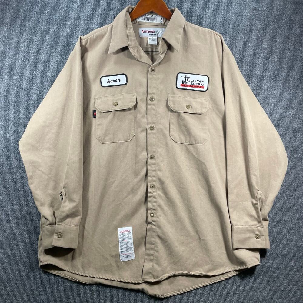 Armorex FR Button Up Work Shirt Men's XL Beige Long Sleeve Chest Pockets READ